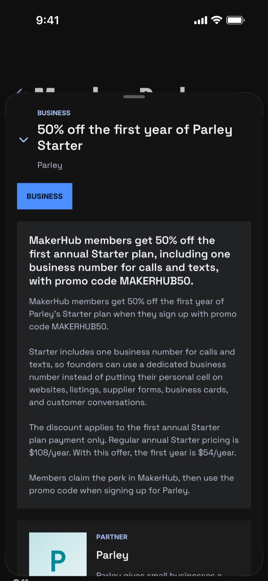 Maker Hub YYC app perk detail screen with offer and redemption information.